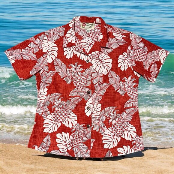 Hilo Hattie Hawaiian Shirt Women’s Medium Red White Palm Print Aloha Button Up. - Picture 1 of 3
